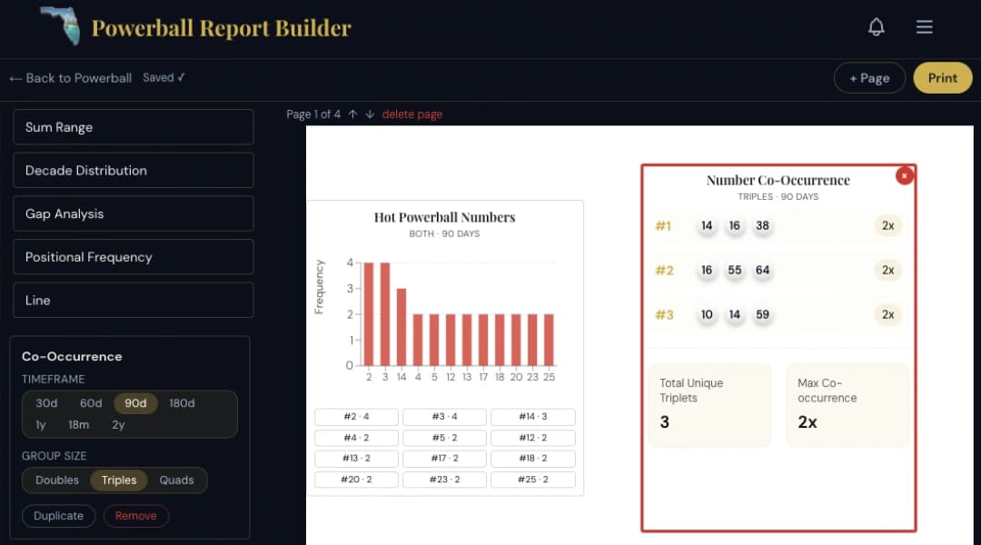 Powerball Report Builder in My Lotto Boost, showing a frequency chart and number co-occurrence analysis.